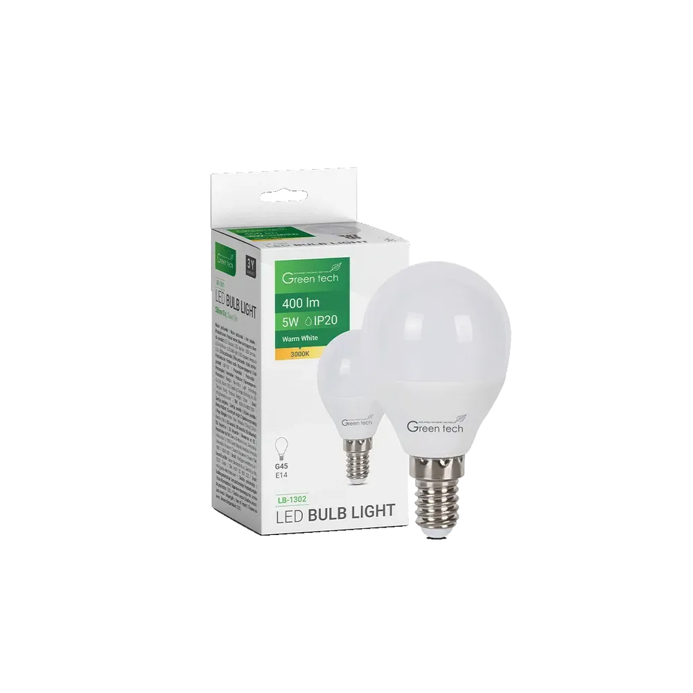 LED žarnica Green Tech 5W, 3000K, E14, G45, IP20, Sanan čip