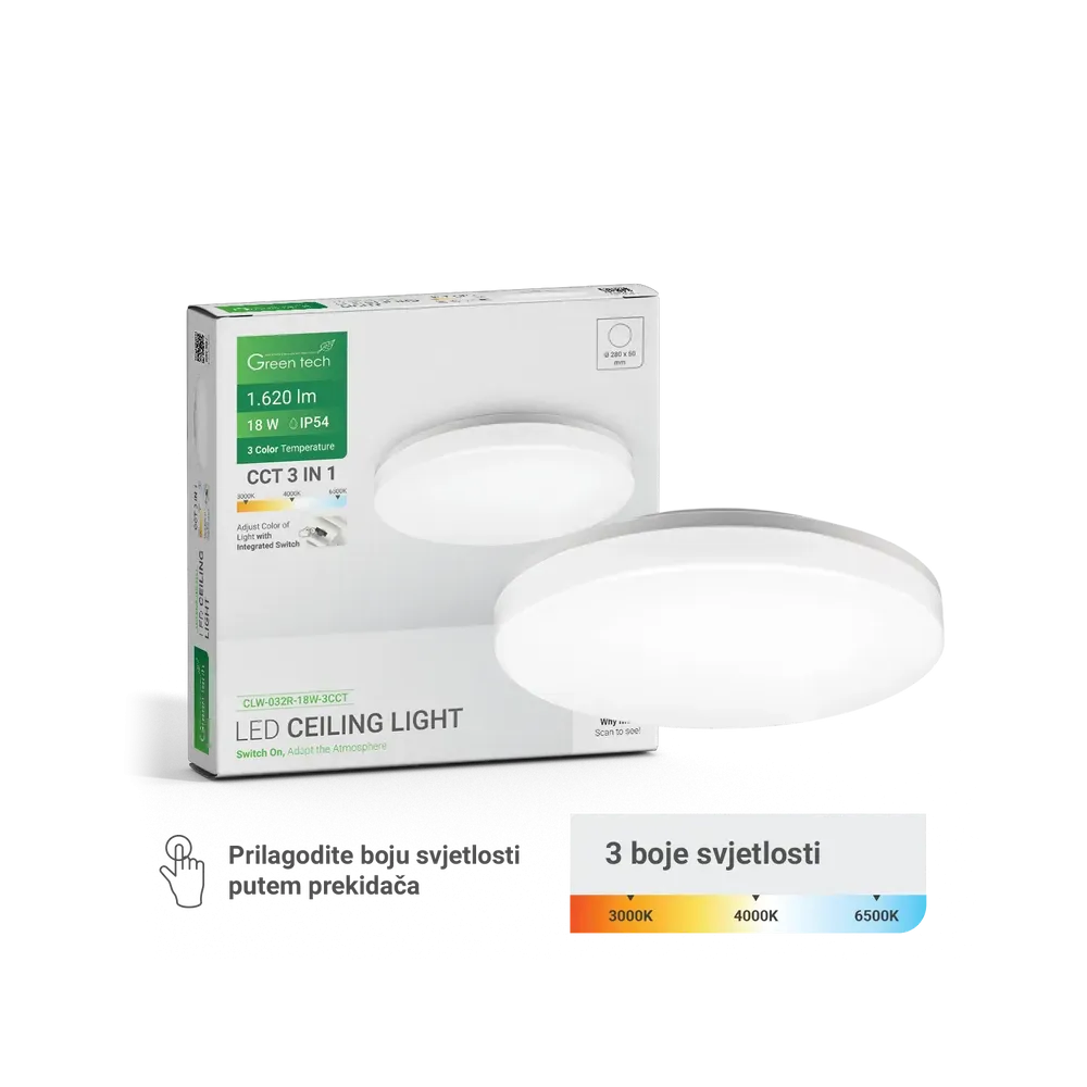 LED stropna svetilka Green Tech 18W, 3CCT, IP54, Ø 28 cm, bela