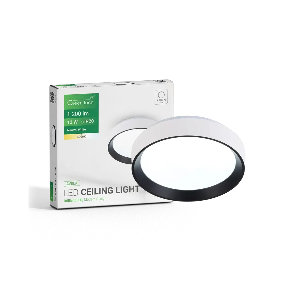 LED stropna svetilka Green Tech 12W, 4000K, IP20, bela + črna, Ø 25,8 cm
