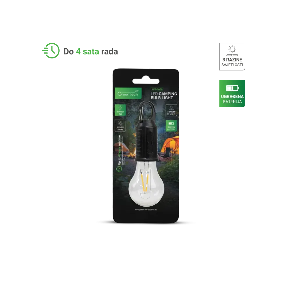 Rechargeable LED Camping Bulb Green Tech 3W, 3000K, 100 lm, USB-C