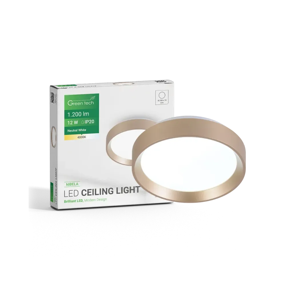 LED stropna svetilka Green Tech 12W, 4000K, IP20, zlata, Ø 25,8 cm