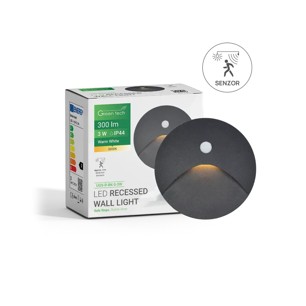 Recessed LED Wall Light with Sensor 3W 3000K IP44 (Black)
