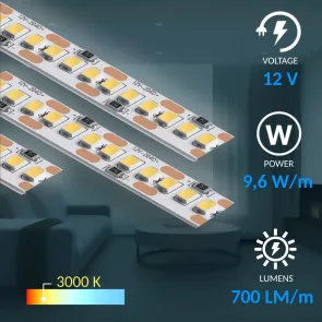LED strip LS01-1 (12V, 9,6W/m, 3000K, 25 m). Warm white light, easy installation, ideal for decorative and main lighting.