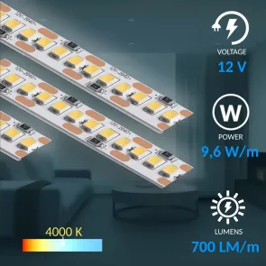LED strip LS01-2 (12V, 9.6W/m, 4000K, 25 m).  Neutral white light, easy installation, ideal for main or decorative lighting.