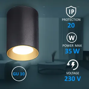 Surface Mounted Downlight GU10, up to 35W, IP20, Ø70×100 mm, Black + Gold, SPT01-14