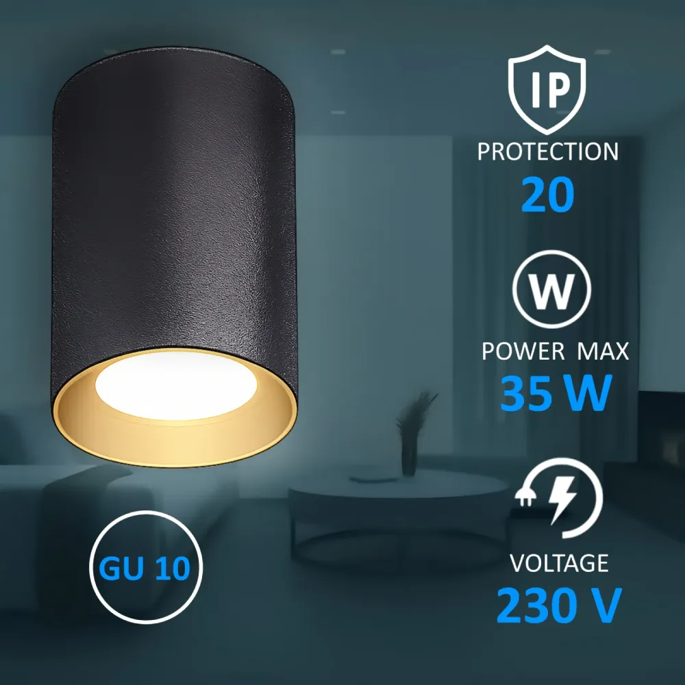 Surface Mounted Downlight GU10, up to 35W, IP20, Ø70×100 mm, Black + Gold, SPT01-14