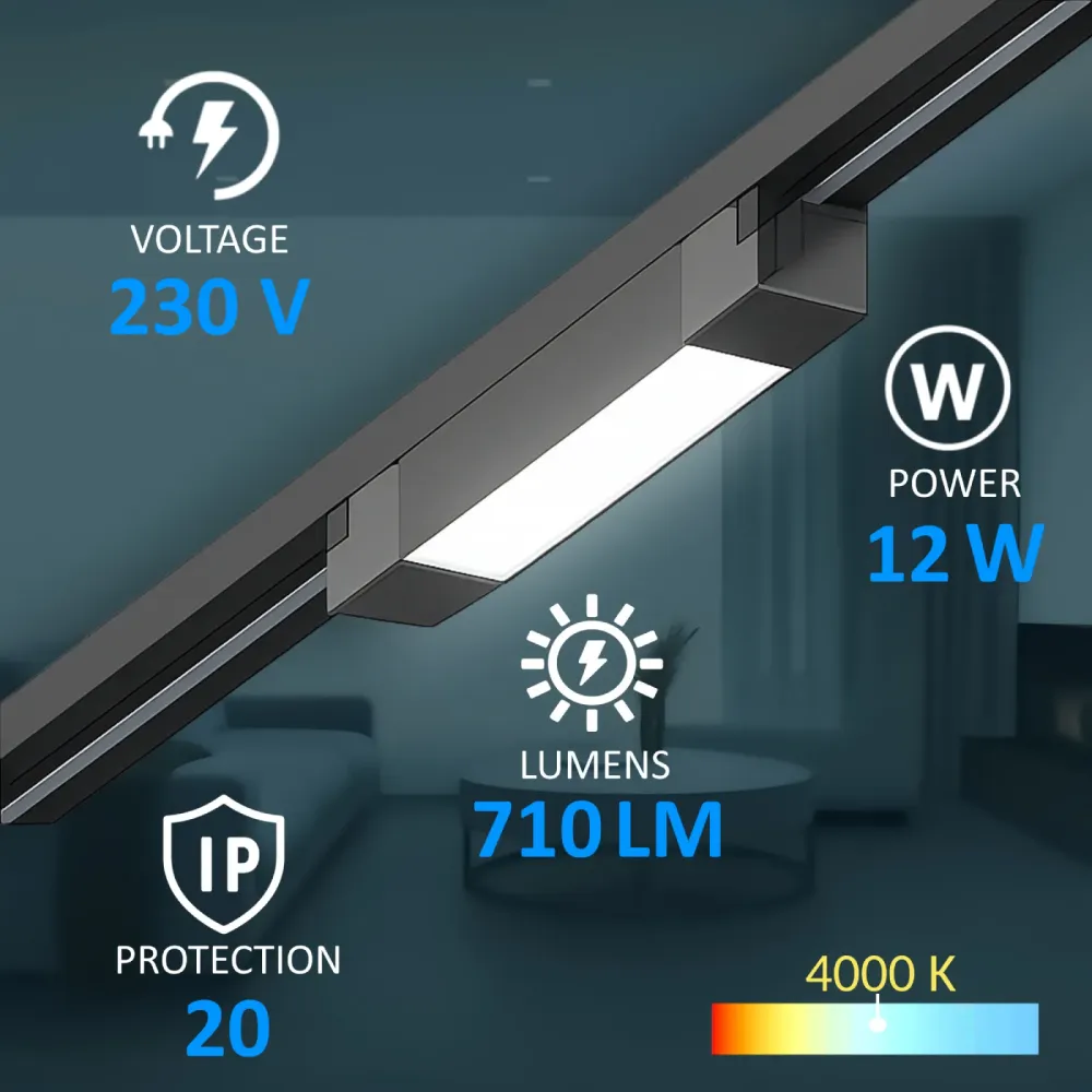 Tirna svetilka LED, 12W, 4000K, 710Lm, IP20, TRL01-16. Šinska razsvetljava. Reflektor. Tračni luč