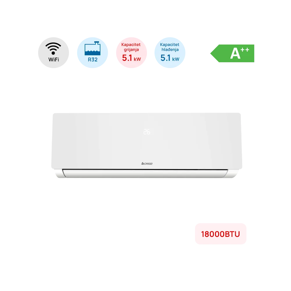 Klimatska naprava CHIGO 18000 BTU 5.1kW A++ WiFi inverter bela