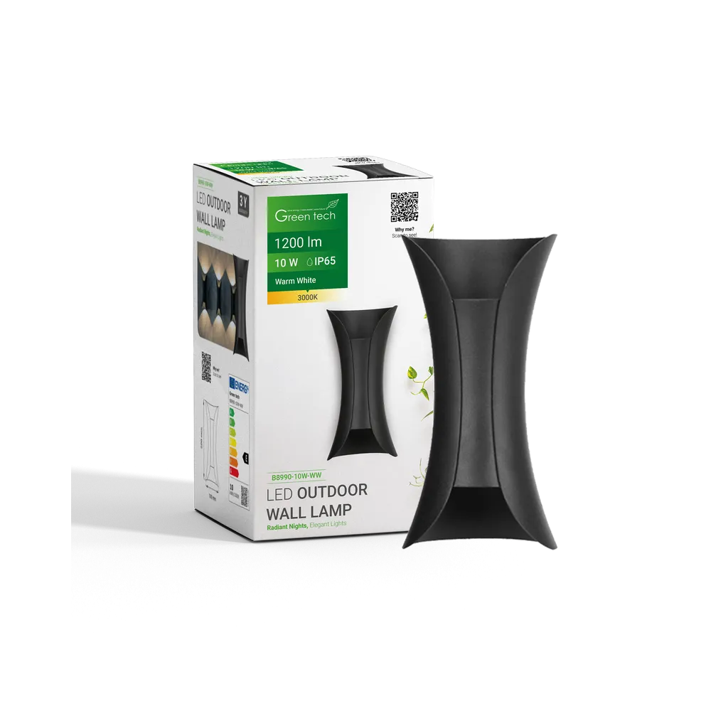 GREEN TECH LED zunanja stenska svetilka Green Tech 10W, 3000K, IP65, črna barva - B8990-10W-WW