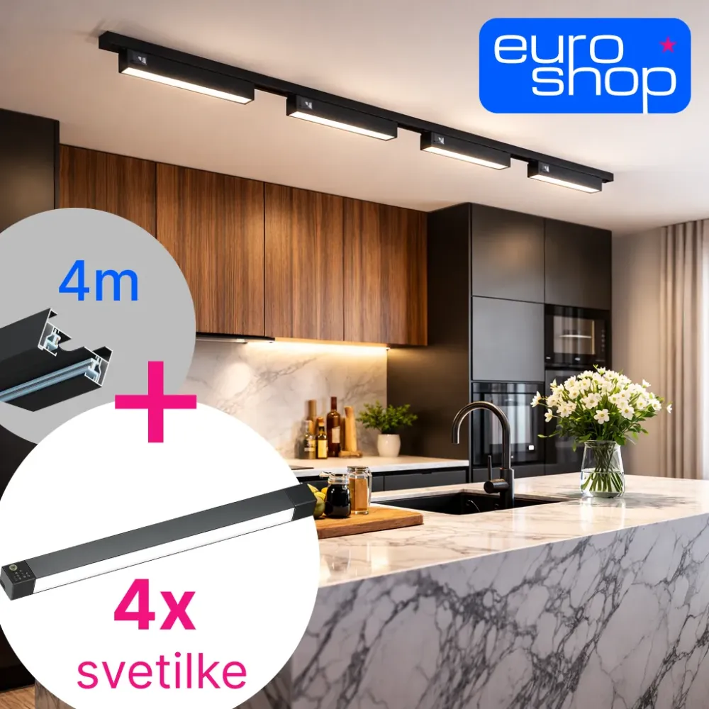 Track lighting set – 4 m track + 4 LED spotlights, black