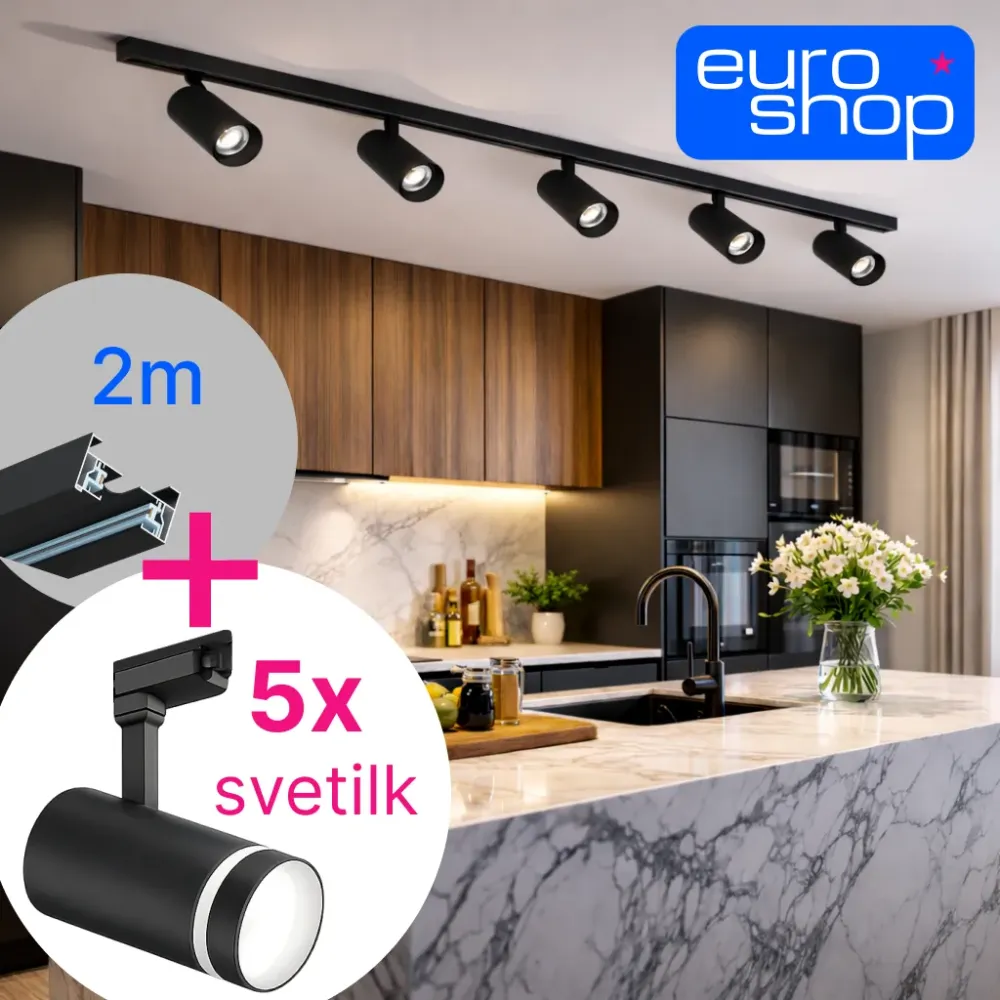 Track lighting set – 2 m track + 5 LED spotlights, black