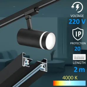 Track lighting set – 2 m track + 5 LED spotlights, black