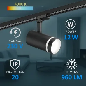 Track lighting set – 2 m track + 5 LED spotlights, black