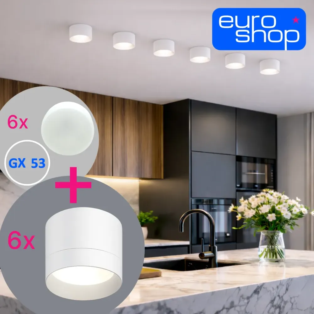 GX53 surface-mounted lighting set – 6 fixtures + 6 LED bulbs