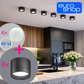 GX53 surface-mounted lighting set – 6 fixtures + 6 LED bulbs black