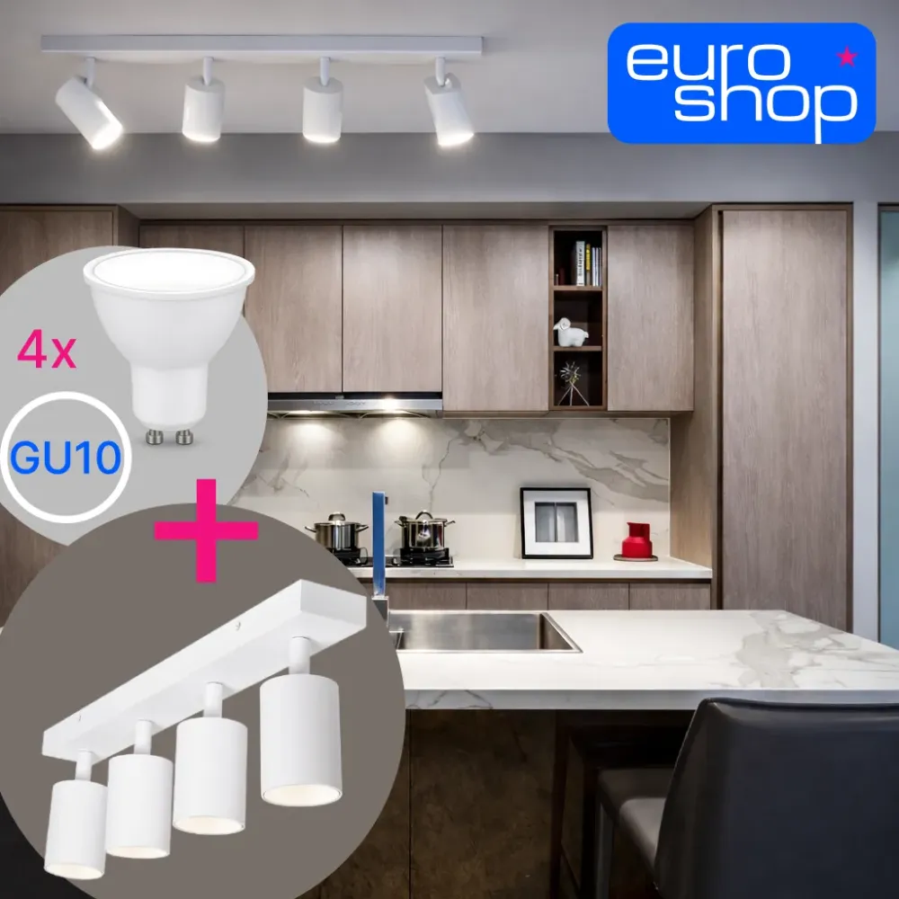 Stropni reflektor GU10 – komplet 4× GU10 + 4 LED žarnice, bela