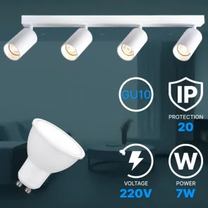 Stropni reflektor GU10 – komplet 4× GU10 + 4 LED žarnice, bela