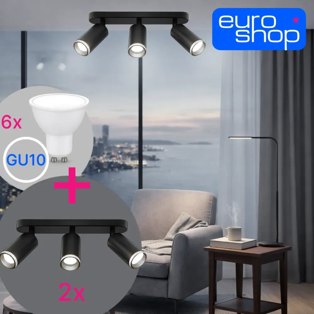 Stropni reflektor GU10 – komplet 2 reflektorja (3× GU10) + 6 LED žarnic, črna