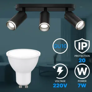 Stropni reflektor GU10 – komplet 2 reflektorja (3× GU10) + 6 LED žarnic, črna