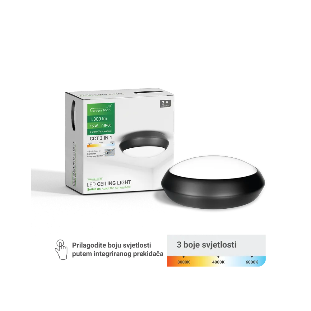 GREEN TECH LED ceiling light Green Tech 15W, 3CCT, 30 cm, IP66, black - CLW-022-15W-BK