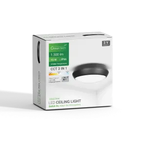 GREEN TECH LED ceiling light Green Tech 15W, 3CCT, 30 cm, IP66, black - CLW-022-15W-BK