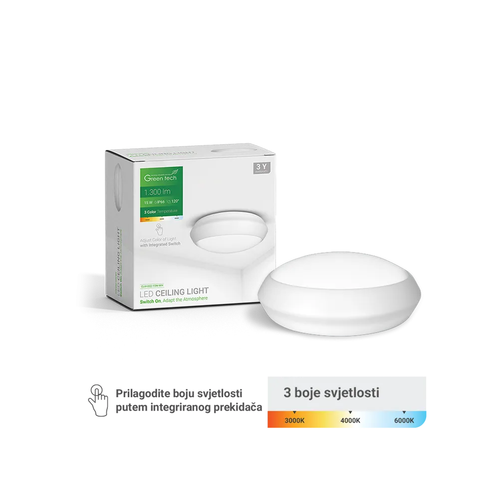 GREEN TECH LED ceiling light Green Tech 15W, 3CCT, 30 cm, IP66, white - CLW-022-15W-WH