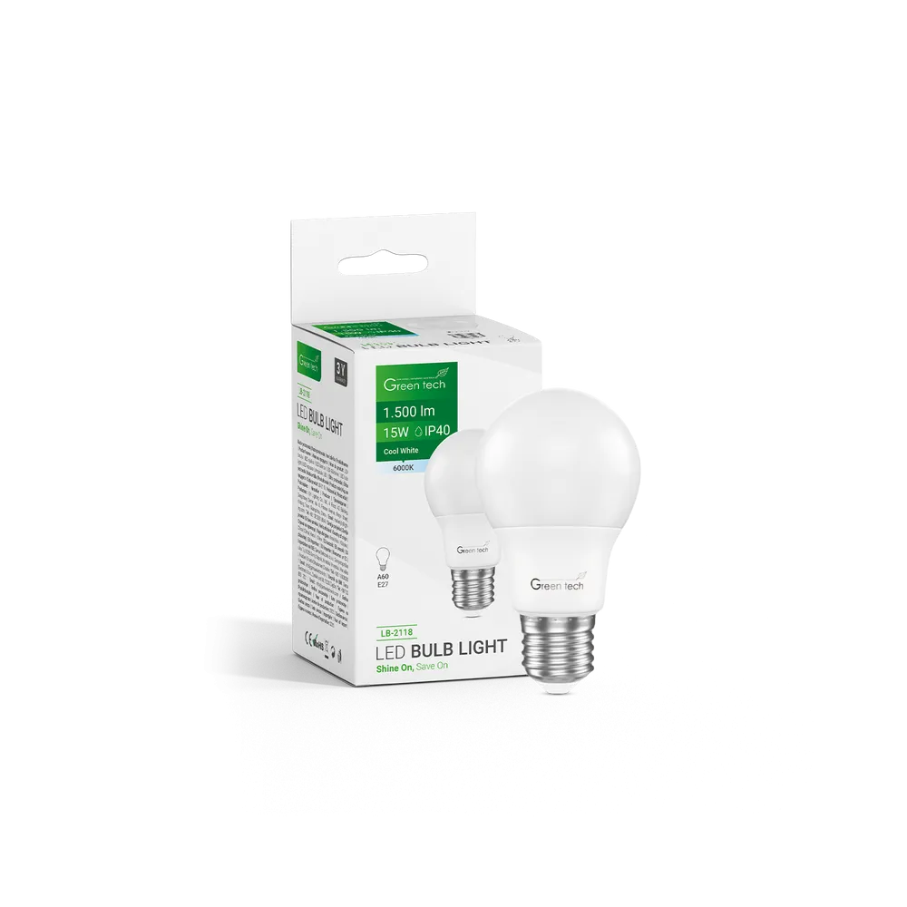 GREEN TECH LED bulb Green Tech 15W, 6000K, E27, A60, Flux: 1500 lm, IP40, Epistar chip - LB-2118