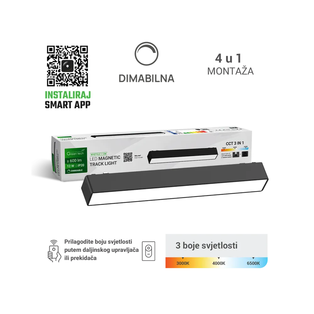 GREEN TECH LED magnetna svetilka MYSTYLE 12W, 3CCT, dim