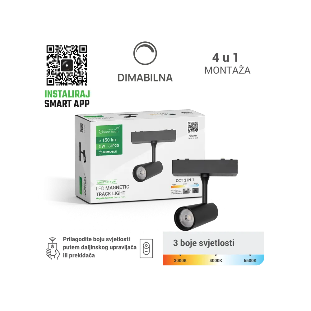 GREEN TECH LED magnetic lamp MYSTYLE 3W, 3CCT, Dim.