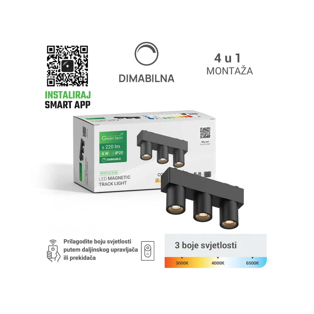 GREEN TECH LED magnetna svetilka MYSTYLE 6W, 3 barve svetlobe