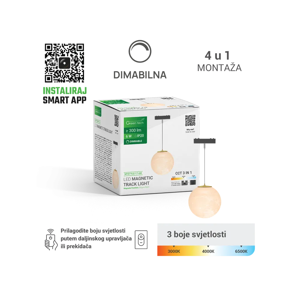 GREEN TECH LED magnetna svetilka MYSTYLE 6W, 3CCT, Dim., APP