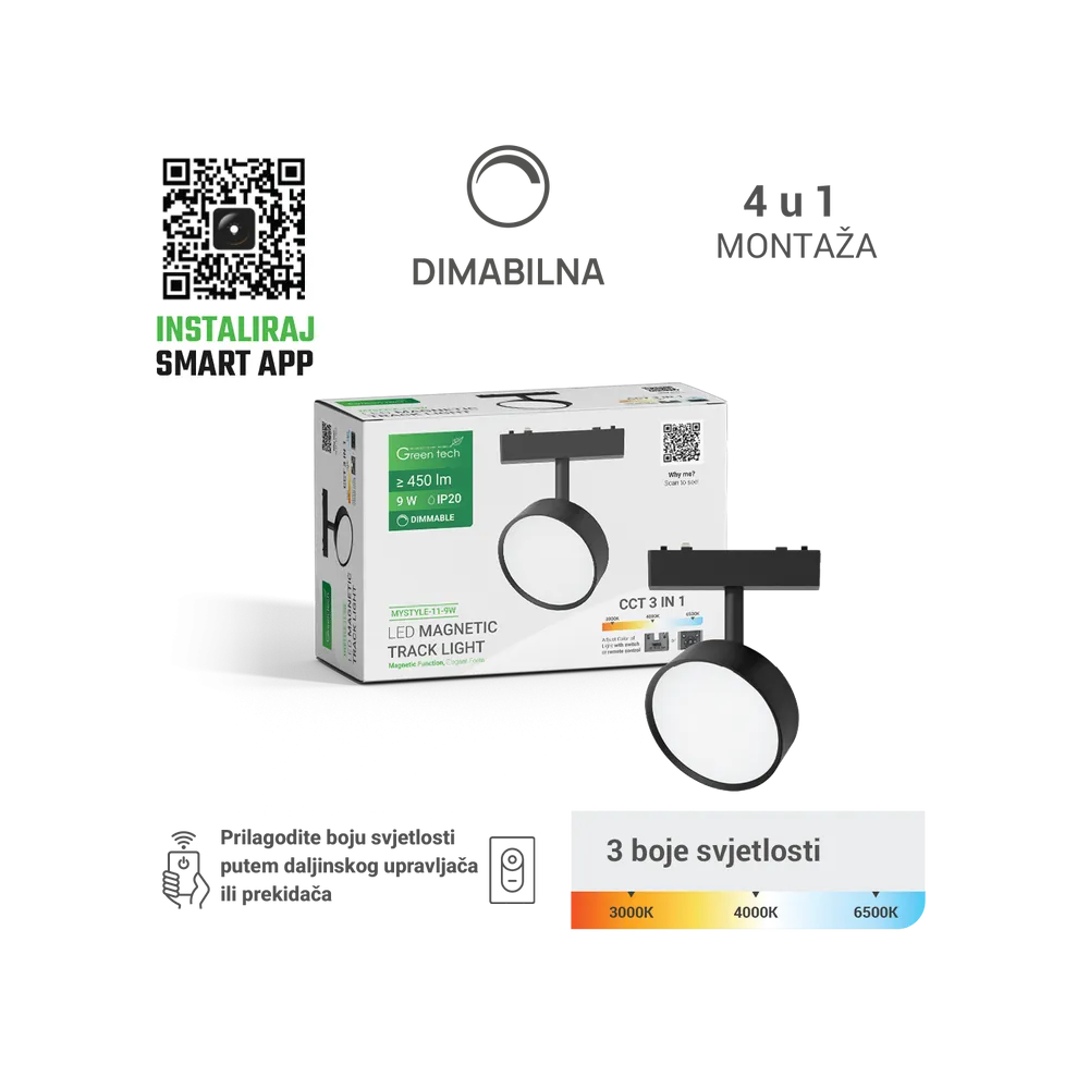 GREEN TECH LED magnetic lamp MYSTYLE 9W, 3CCT, Dim.