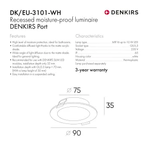 Recessed GU10 IP65 ceiling light white DK-EU-3101-WH