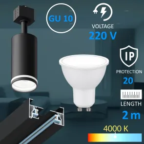 Tirna razsvetljava GU10 – komplet 2 m + 4 svetilke + 4 LED žarnice