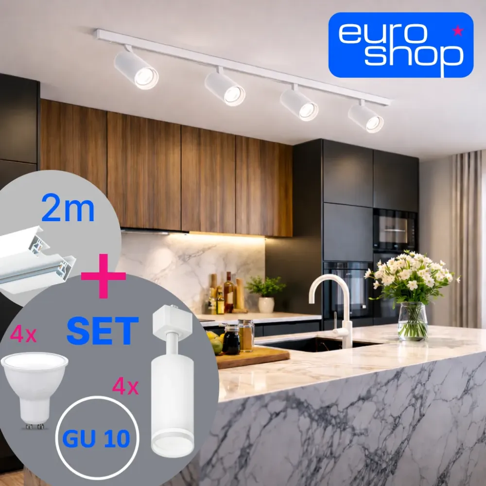 Tirna razsvetljava GU10 – komplet 2 m + 4 svetilke + 4 LED žarnice