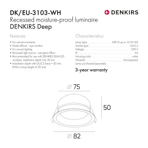 Recessed waterproof ceiling light for GU10 bulb.