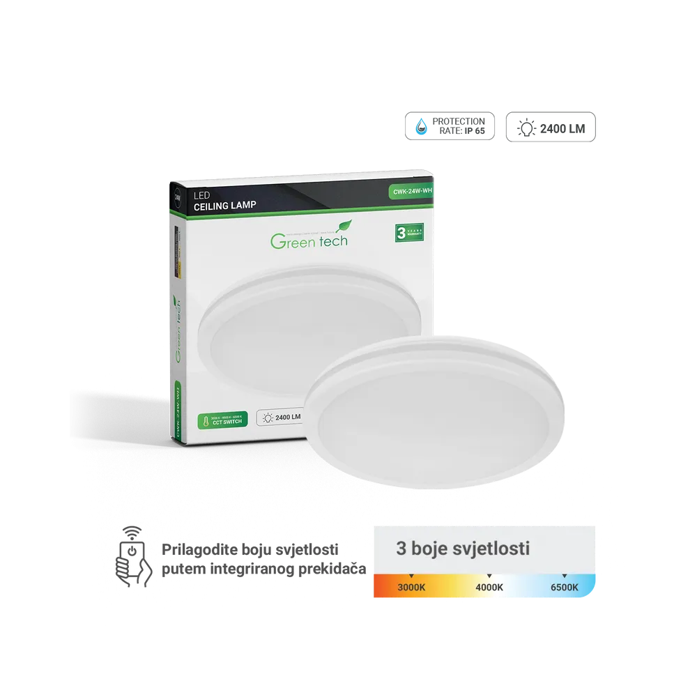 GREEN TECH LED stropna svetilka Green Tech 24W, 3CCT, 30 cm, IP65, bela - CWK-24W-WH
