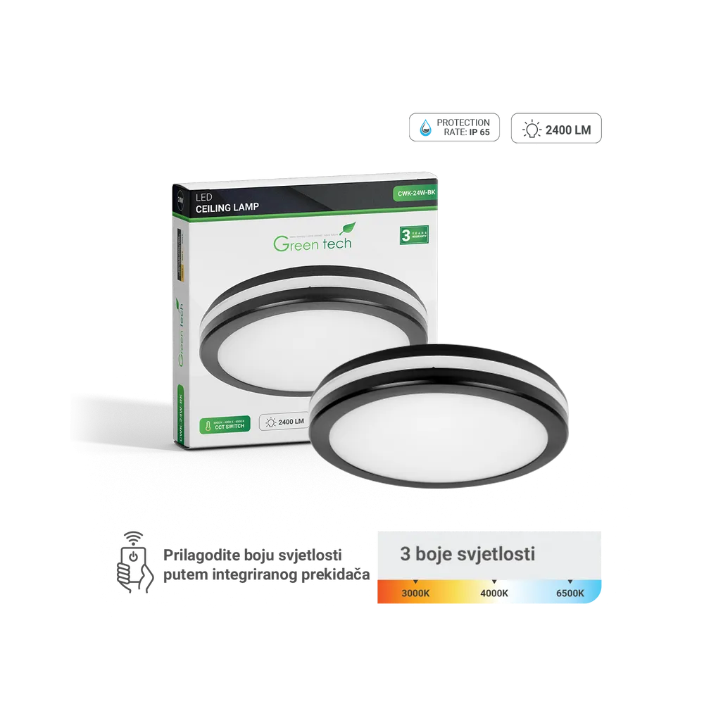 GREEN TECH LED ceiling light Green Tech 24W, 3CCT, 30 cm, IP65, black - CWK-24W-BK