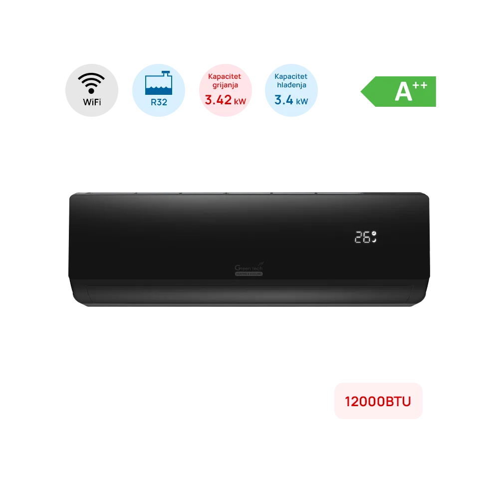 GREEN TECH Klimatska naprava Green Tech 12000BTU, 3.4kW, A++, R32, -15°C ~ 53°C, WiFi, črna - 12-IN82B-WIFI