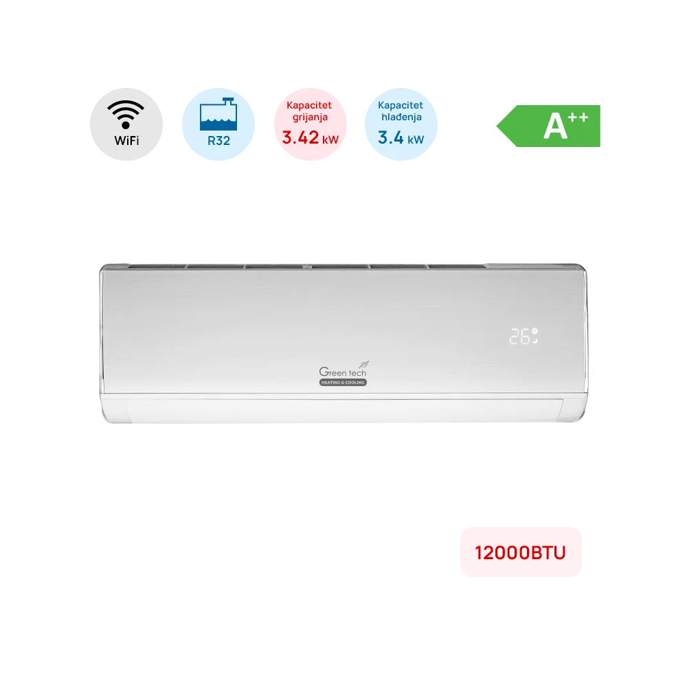 GREEN TECH Klimatska naprava Green Tech 12000BTU, 3.4kW, A++, R32, -15°C ~ 53°C, WiFi, bela - 12-IN51-WIFI
