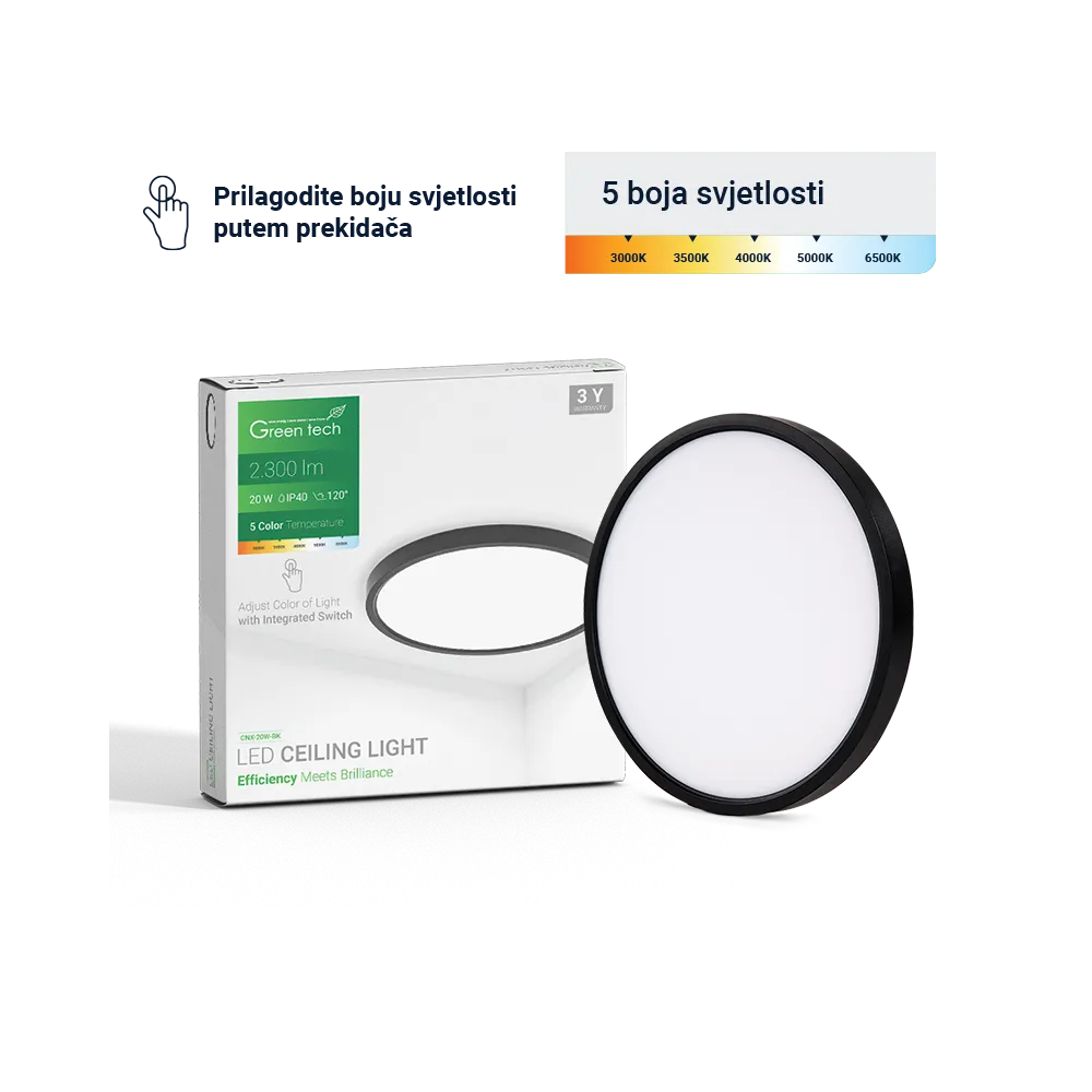 GREEN TECH LED ceiling light Green Tech 20W, 5 CCT 3000K-3500K-4000K-5000K-6500K, fi30 cm - CNX-20W-BK