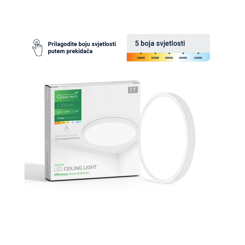 GREEN TECH LED ceiling light Green Tech 20W, 5 CCT 3000K-3500K-4000K-5000K-6500K, fi30 cm - CNX-20W-WH