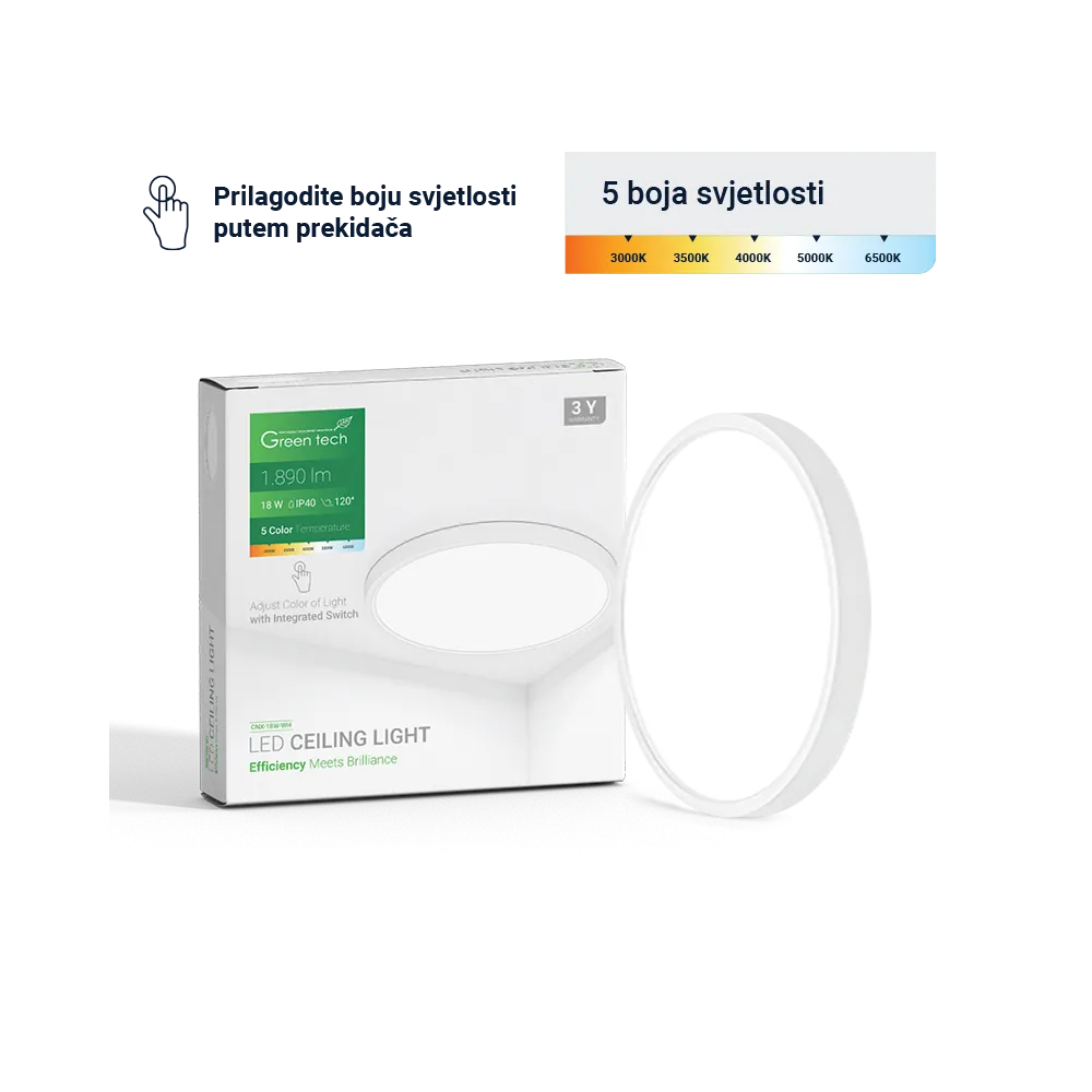 GREEN TECH LED stropna svetilka Green Tech 18W, 5 CCT 3000K-3500K-4000K-5000K-6500K, fi22 cm WH - CNX-18W-WH