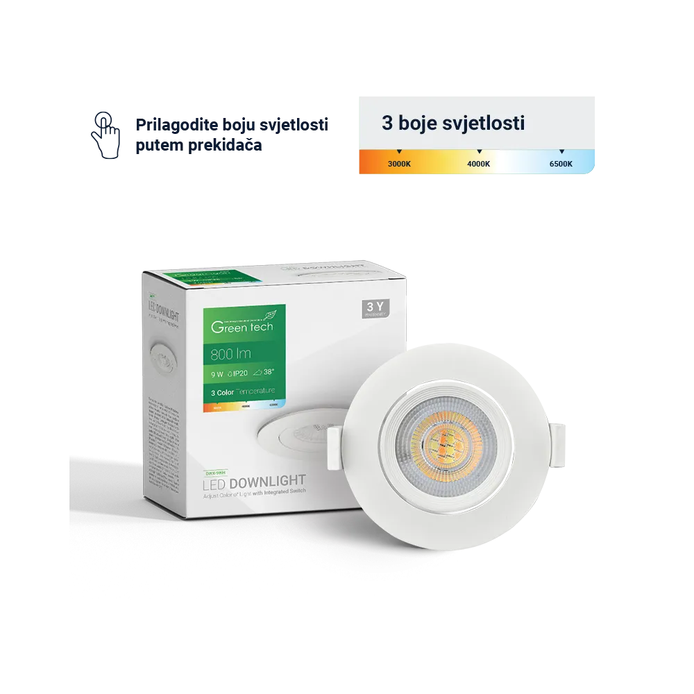 GREEN TECH LED downlight Green Tech 800 lm, 9W, 3CCT, 3000K-4000-6500K, bela - DWX-9WH