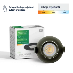 GREEN TECH LED downlight Green Tech 240 lm, 3W, 3CCT, 3000K-4000-6500K, črn - DWX-3BK
