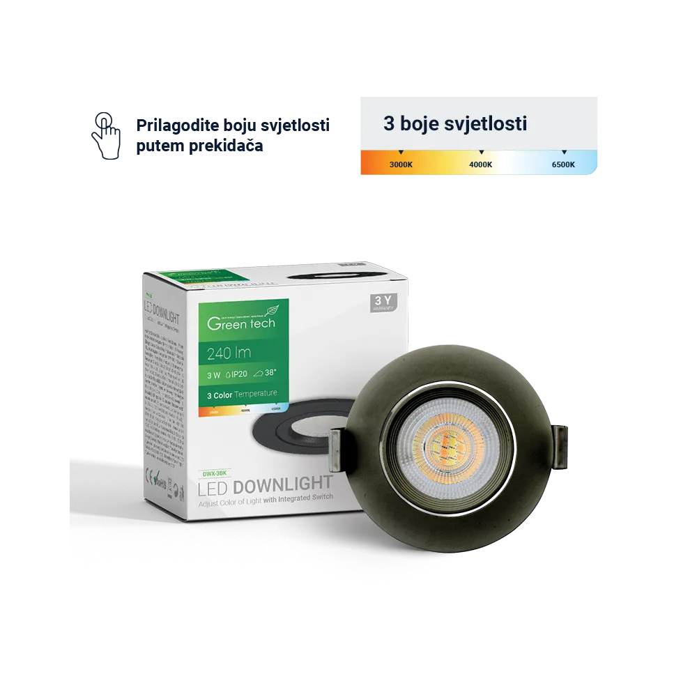 GREEN TECH LED downlight Green Tech 240 lm, 3W, 3CCT, 3000K-4000-6500K, črn - DWX-3BK