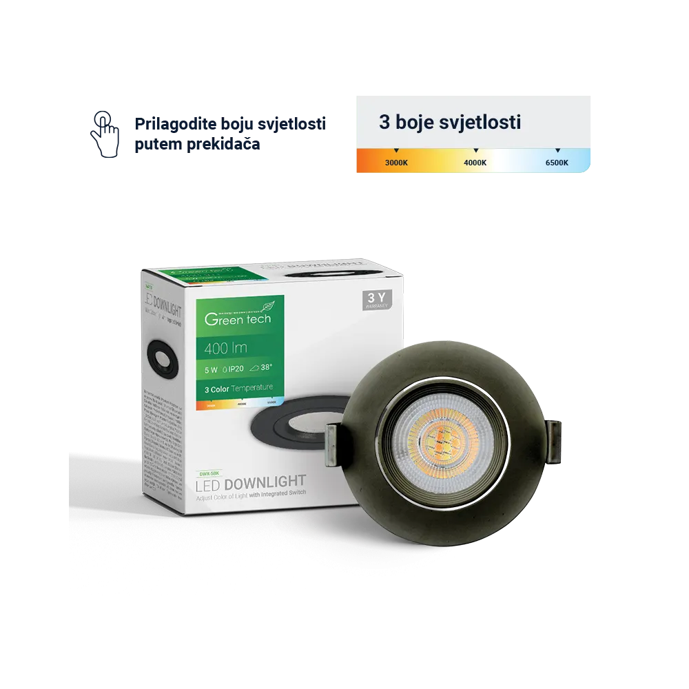GREEN TECH LED downlight Green Tech 400 lm, 5W, 3CCT, 3000K-4000-6500K, črn - DWX-5BK