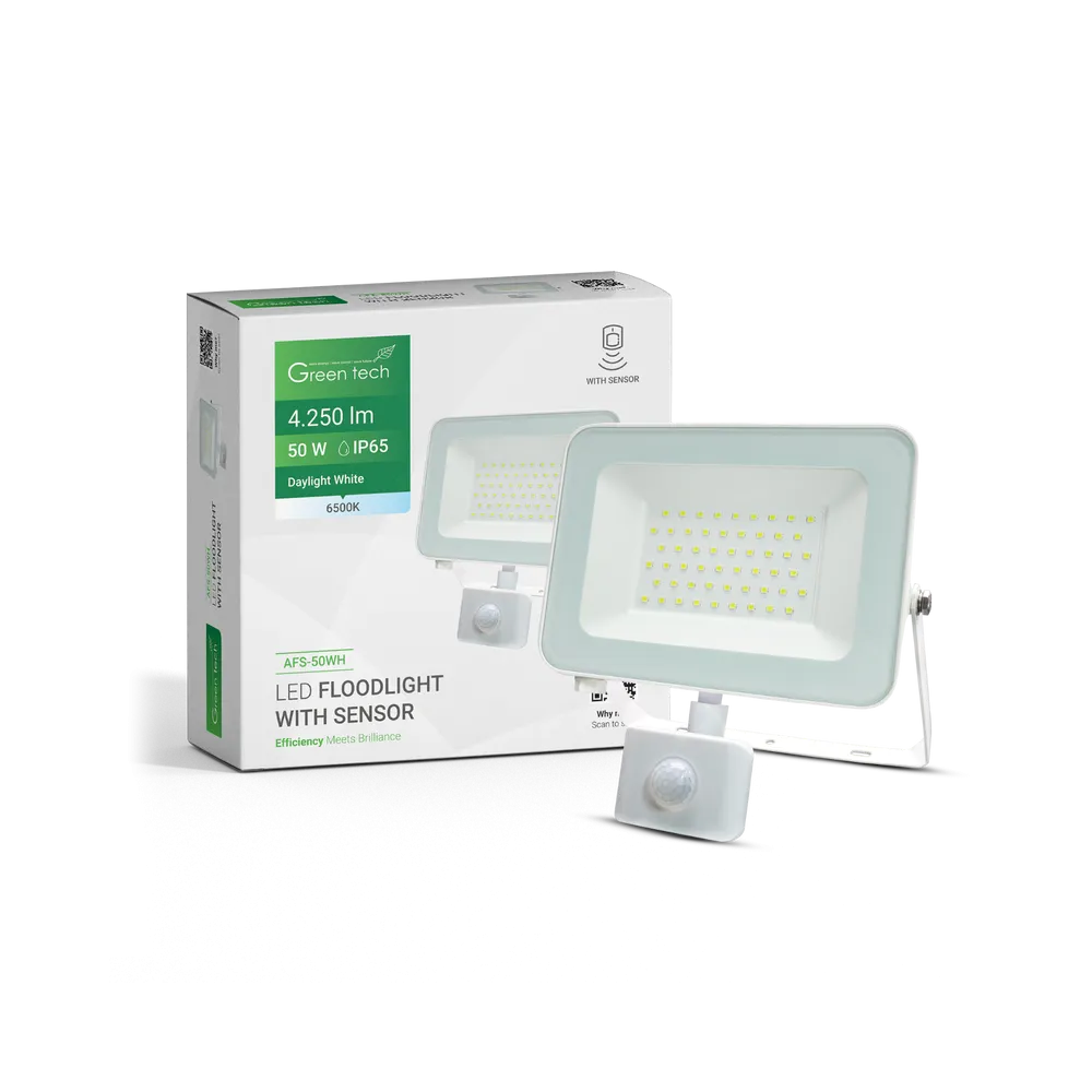 GREEN TECH LED floodlight with sensor Green Tech 4250 lm, 50W, 6500K, IP65, white - AFS-50WH