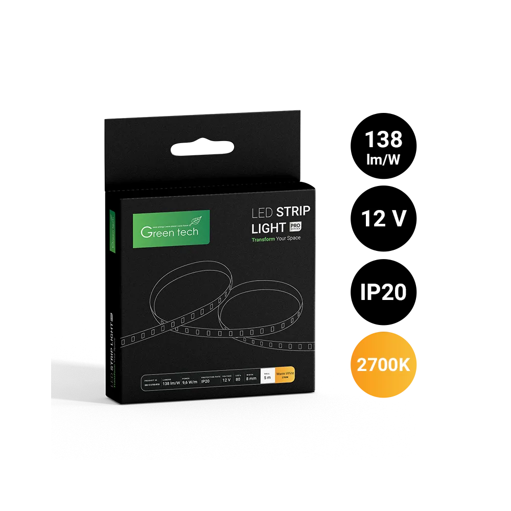 GREEN TECH LED strip Green Tech 80 LED, 8 mm, 9.6 W/m, 2700K, DC 12V, IP20, 5m/piece - S80122700IP20