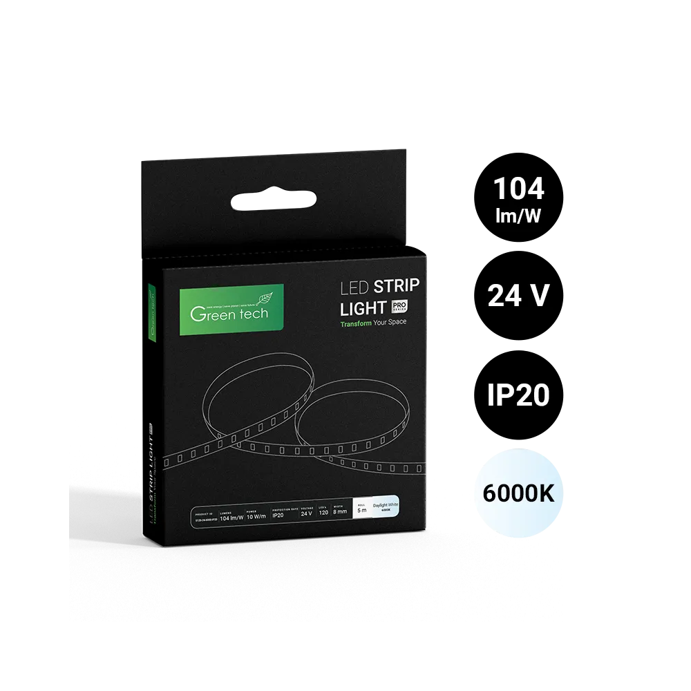 GREEN TECH LED strip Green Tech 120 LED, 8 mm, 10 W/m, 6000K, DC 24V, IP20, 5m/piece - S120246000IP20